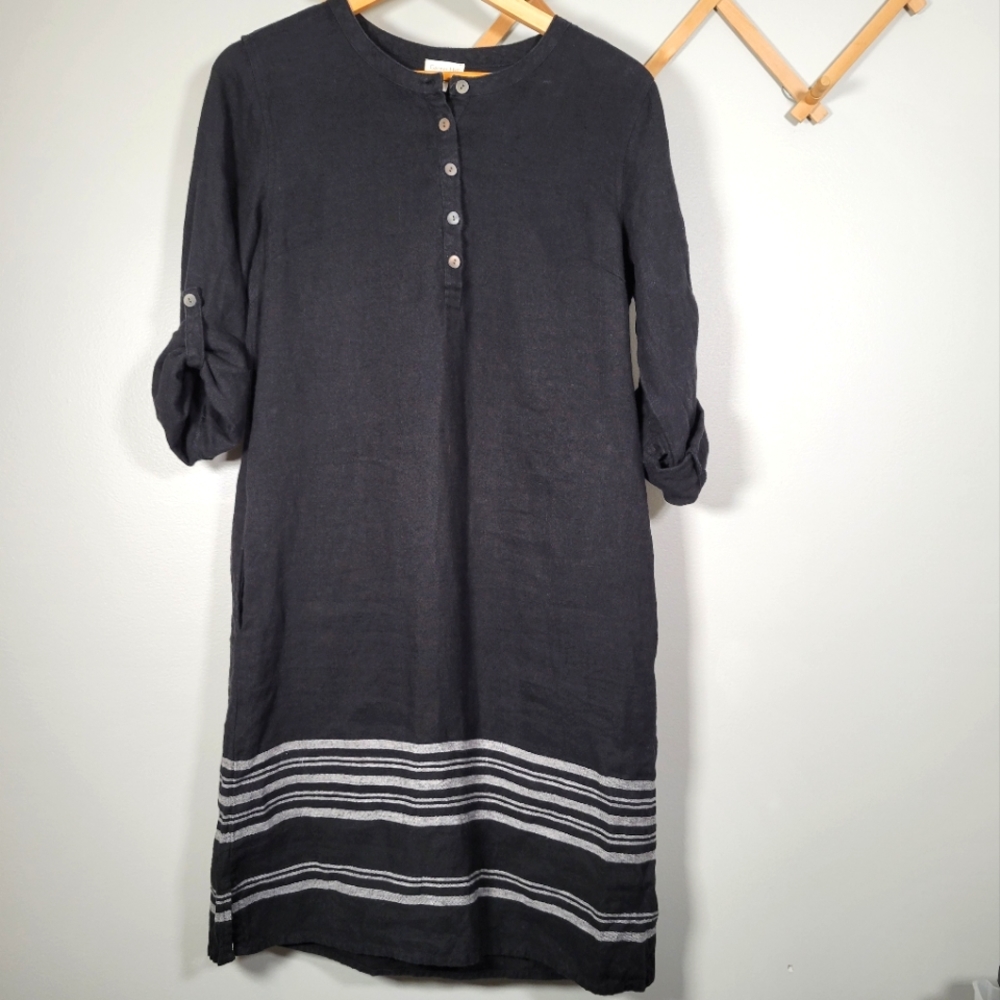 Garnet Hill Black Linen Henley Midi Dress with White Stripes